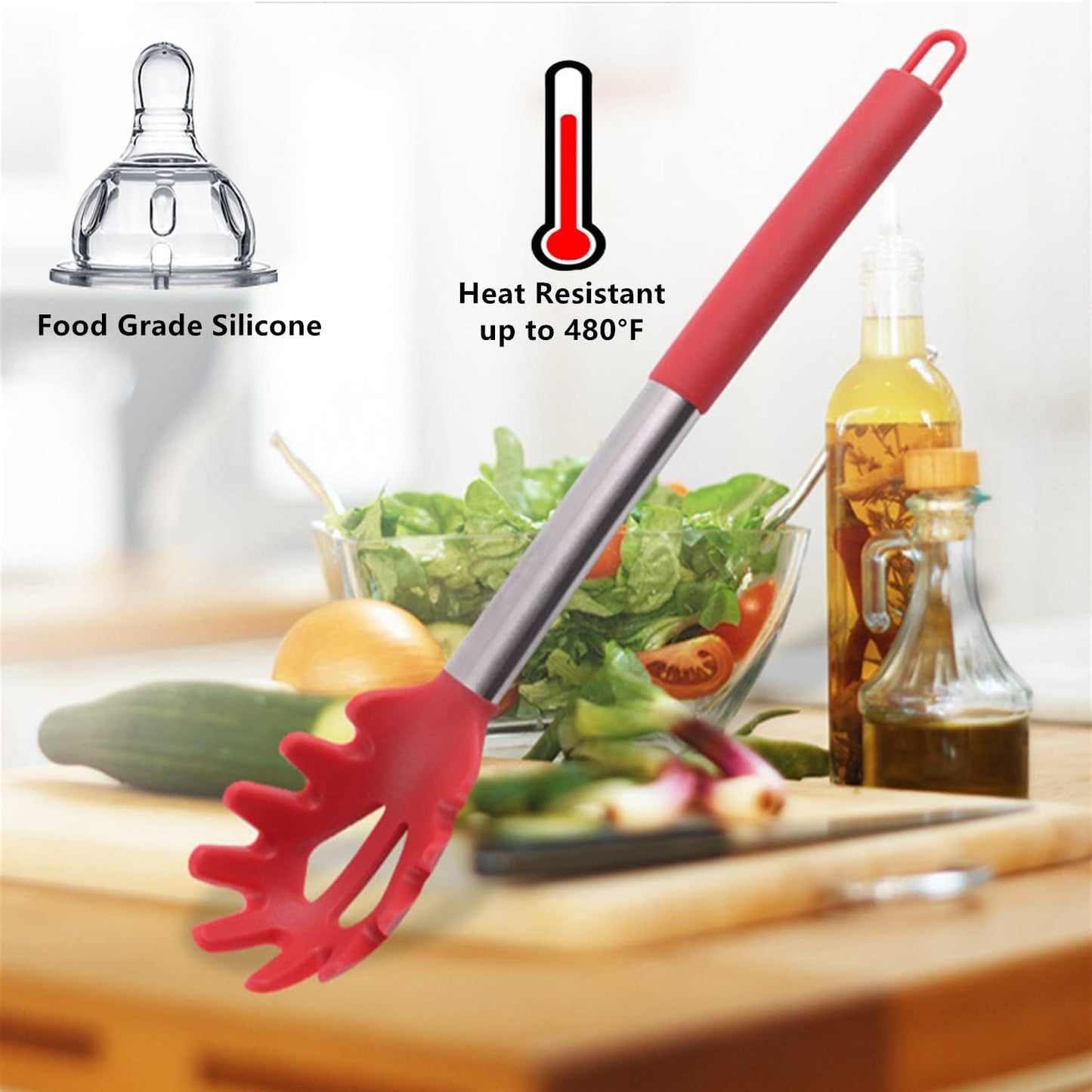 Silicone Pasta Fork,Spaghetti Spoon Kitchen High Heat Resistant Noodle Spoon Server,Food Grade Pasta Spoon with Stainless Steel Handle (Black)