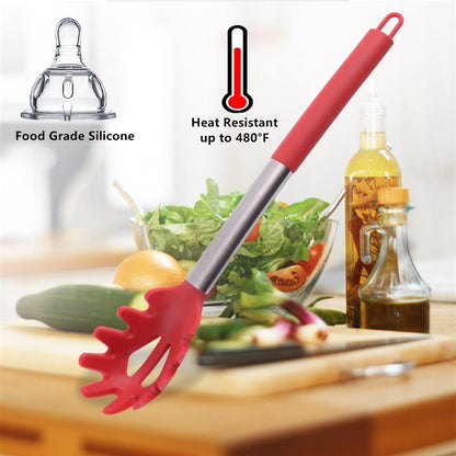 Silicone Pasta Fork,Spaghetti Spoon Kitchen High Heat Resistant Noodle Spoon Server,Food Grade Pasta Spoon with Stainless Steel Handle (Black)