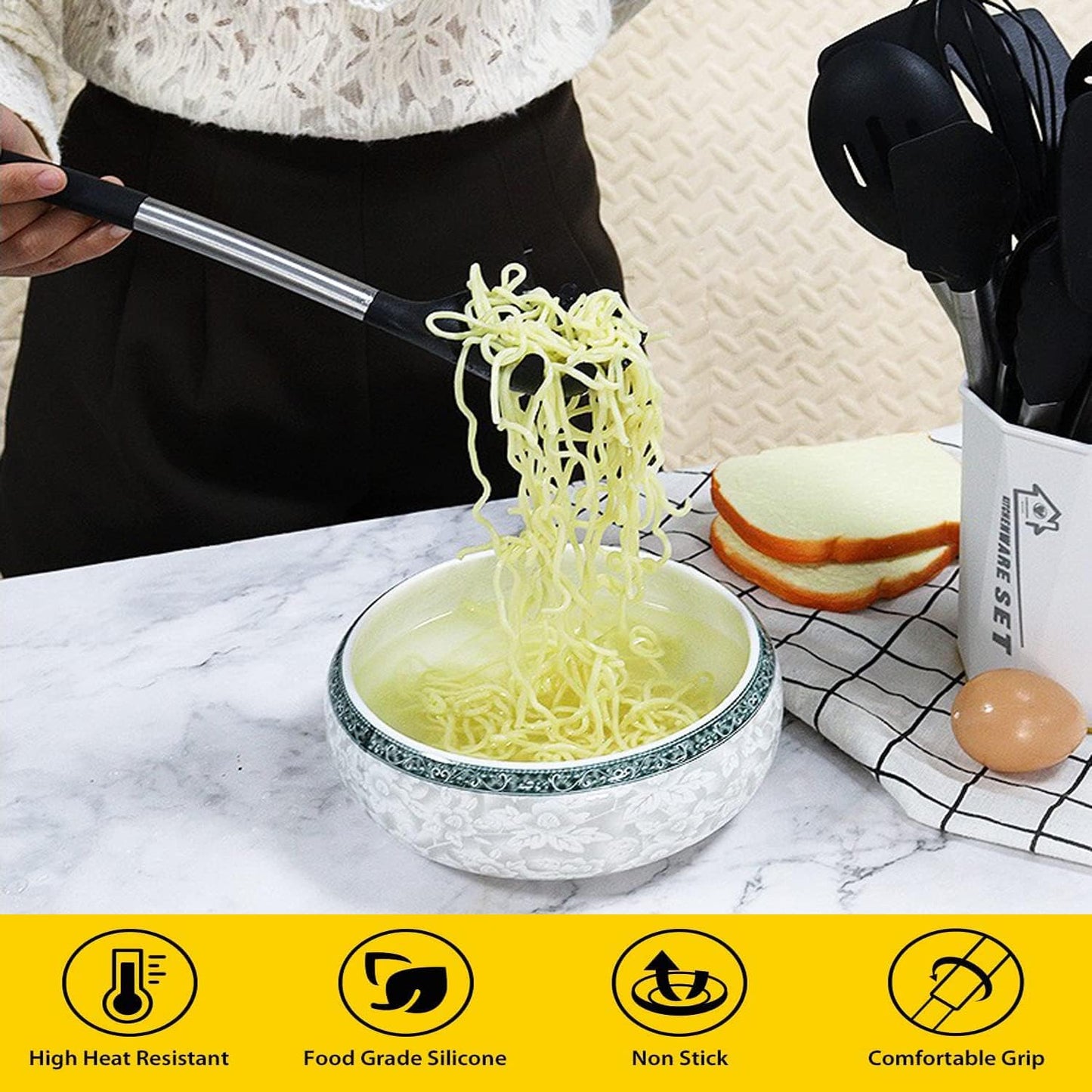 Silicone Pasta Fork,Spaghetti Spoon Kitchen High Heat Resistant Noodle Spoon Server,Food Grade Pasta Spoon with Stainless Steel Handle (Black)
