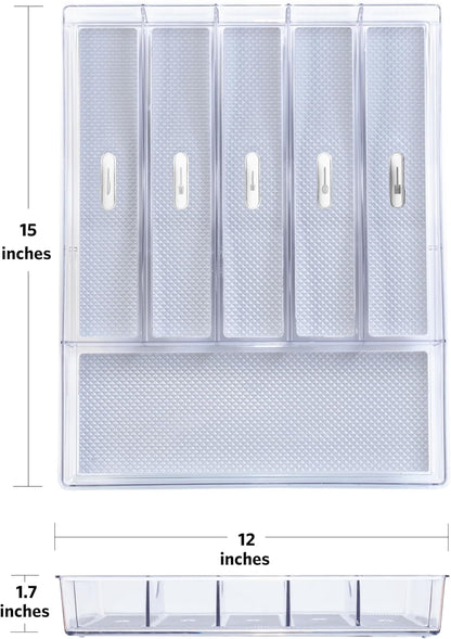 Glad Silverware & Utensil Drawer Organizer - Divided Clear Plastic Storage Tray with 5 Compartments for Kitchen Flatware and Cutlery - BPA Free, Food Safe, Non Slip, 11x13 inches