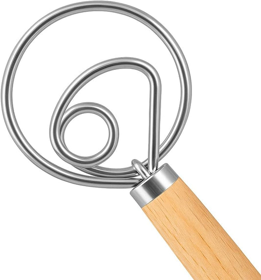 Danish Dough Whisk - One Eye Stainless Steel Bread Mixer with Wooden Handle - Sourdough Whisk for Baking Dough, Pizza, Pastries - Food-Grade, Dishwasher Safe