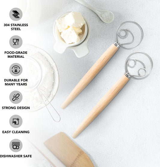 Danish Dough Whisk - One Eye Stainless Steel Bread Mixer with Wooden Handle - Sourdough Whisk for Baking Dough, Pizza, Pastries - Food-Grade, Dishwasher Safe