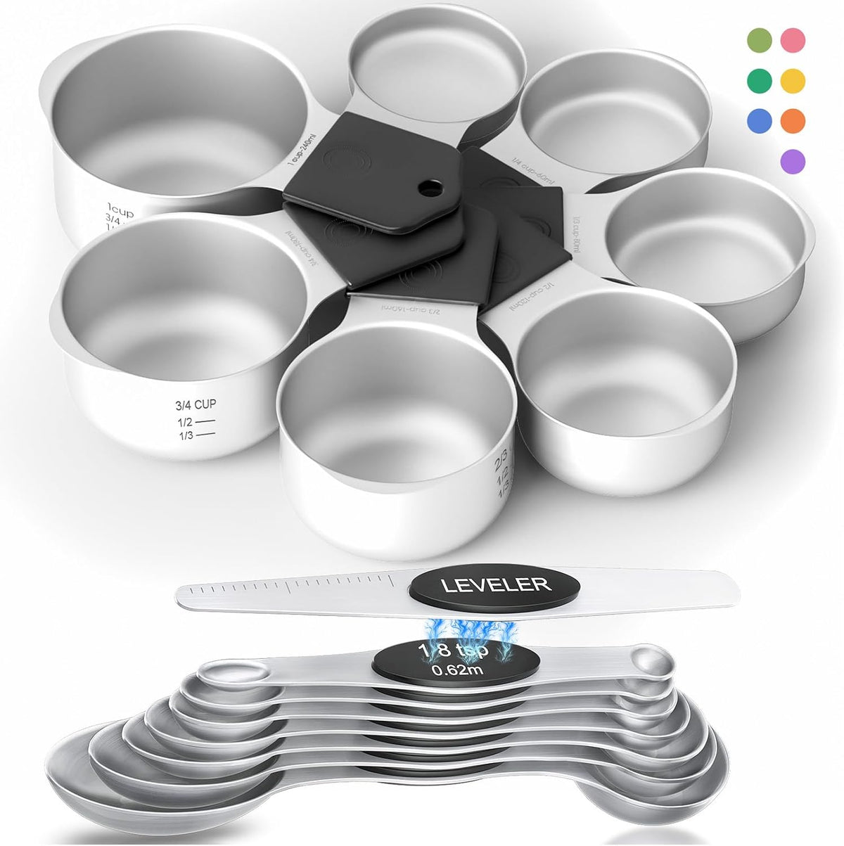 Magnetic Measuring Cups & Spoons Set|304 Stainless Steel Dual Scale Set of 15, Strong N52 Magnetic Nesting Design with Leveler, for Dry&Liquid Ingredients, Dishwasher Safe(Black)