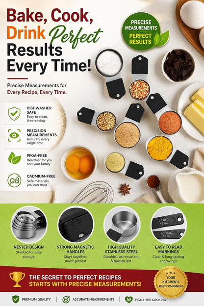 Magnetic Measuring Cups & Spoons Set|304 Stainless Steel Dual Scale Set of 15, Strong N52 Magnetic Nesting Design with Leveler, for Dry&Liquid Ingredients, Dishwasher Safe(Black)