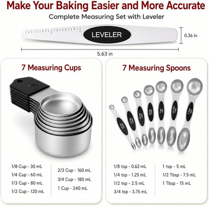 Magnetic Measuring Cups & Spoons Set|304 Stainless Steel Dual Scale Set of 15, Strong N52 Magnetic Nesting Design with Leveler, for Dry&Liquid Ingredients, Dishwasher Safe(Black)