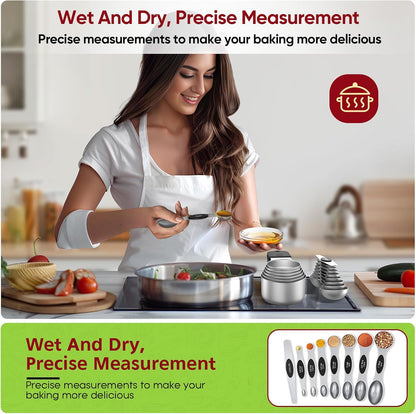 Magnetic Measuring Cups & Spoons Set|304 Stainless Steel Dual Scale Set of 15, Strong N52 Magnetic Nesting Design with Leveler, for Dry&Liquid Ingredients, Dishwasher Safe(Black)