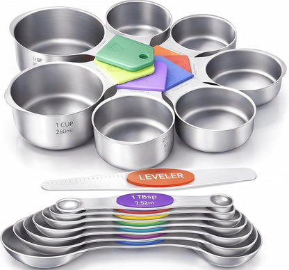 Magnetic Measuring Cups & Spoons Set|304 Stainless Steel Dual Scale Set of 15, Strong N52 Magnetic Nesting Design with Leveler, for Dry&Liquid Ingredients, Dishwasher Safe(Black)