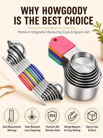 Magnetic Measuring Cups & Spoons Set|304 Stainless Steel Dual Scale Set of 15, Strong N52 Magnetic Nesting Design with Leveler, for Dry&Liquid Ingredients, Dishwasher Safe(Black)