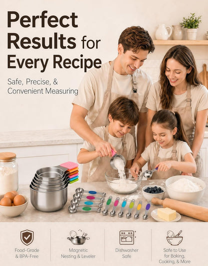 Magnetic Measuring Cups & Spoons Set|304 Stainless Steel Dual Scale Set of 15, Strong N52 Magnetic Nesting Design with Leveler, for Dry&Liquid Ingredients, Dishwasher Safe(Black)