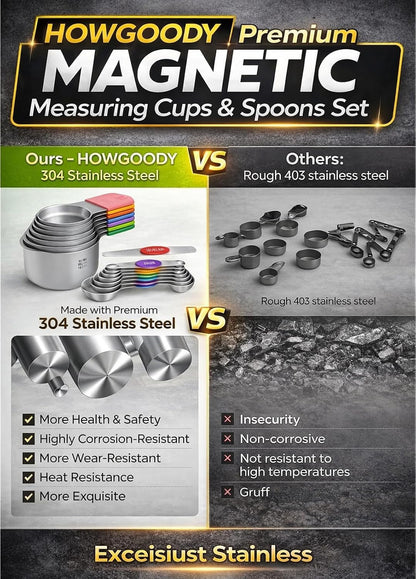 Magnetic Measuring Cups & Spoons Set|304 Stainless Steel Dual Scale Set of 15, Strong N52 Magnetic Nesting Design with Leveler, for Dry&Liquid Ingredients, Dishwasher Safe(Black)