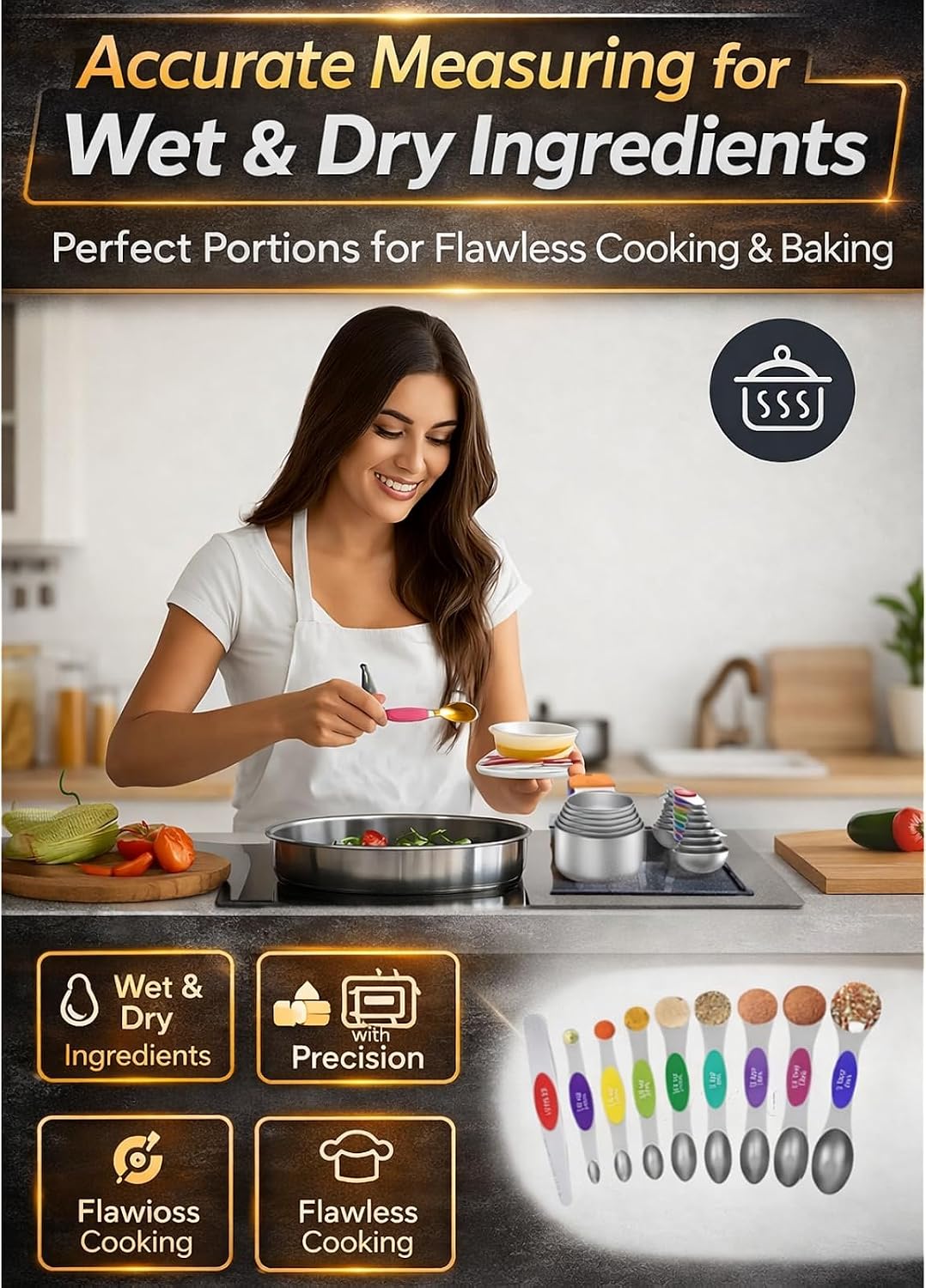 Magnetic Measuring Cups & Spoons Set|304 Stainless Steel Dual Scale Set of 15, Strong N52 Magnetic Nesting Design with Leveler, for Dry&Liquid Ingredients, Dishwasher Safe(Black)