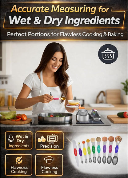 Magnetic Measuring Cups & Spoons Set|304 Stainless Steel Dual Scale Set of 15, Strong N52 Magnetic Nesting Design with Leveler, for Dry&Liquid Ingredients, Dishwasher Safe(Black)