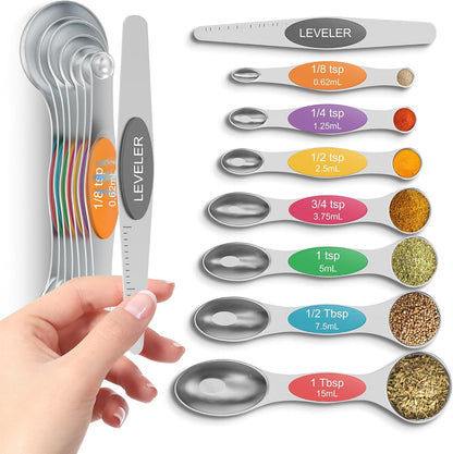 Magnetic Measuring Cups & Spoons Set|304 Stainless Steel Dual Scale Set of 15, Strong N52 Magnetic Nesting Design with Leveler, for Dry&Liquid Ingredients, Dishwasher Safe(Black)