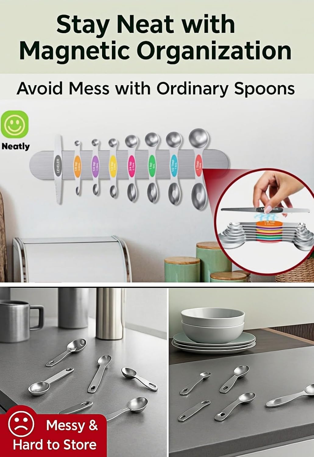 Magnetic Measuring Cups & Spoons Set|304 Stainless Steel Dual Scale Set of 15, Strong N52 Magnetic Nesting Design with Leveler, for Dry&Liquid Ingredients, Dishwasher Safe(Black)