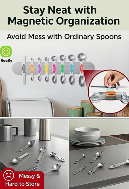 Magnetic Measuring Cups & Spoons Set|304 Stainless Steel Dual Scale Set of 15, Strong N52 Magnetic Nesting Design with Leveler, for Dry&Liquid Ingredients, Dishwasher Safe(Black)