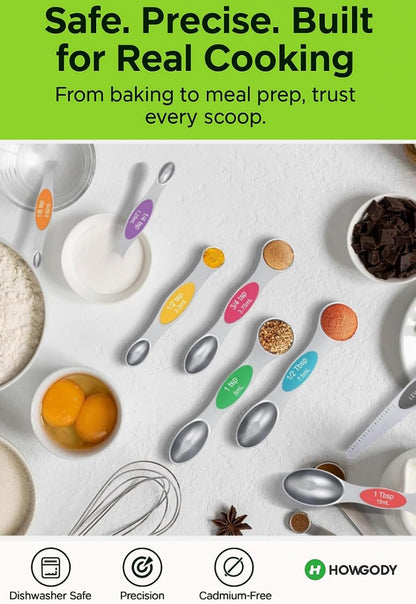 Magnetic Measuring Cups & Spoons Set|304 Stainless Steel Dual Scale Set of 15, Strong N52 Magnetic Nesting Design with Leveler, for Dry&Liquid Ingredients, Dishwasher Safe(Black)