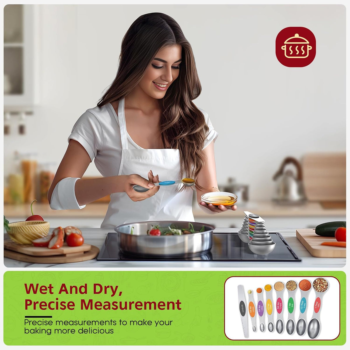 Magnetic Measuring Cups & Spoons Set|304 Stainless Steel Dual Scale Set of 15, Strong N52 Magnetic Nesting Design with Leveler, for Dry&Liquid Ingredients, Dishwasher Safe(Black)