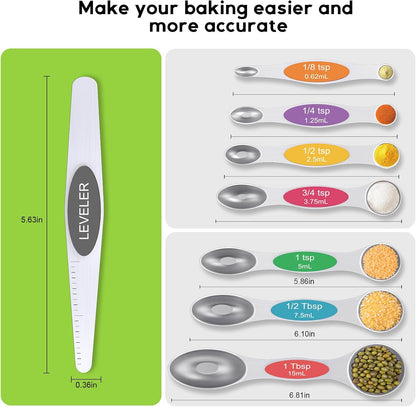 Magnetic Measuring Cups & Spoons Set|304 Stainless Steel Dual Scale Set of 15, Strong N52 Magnetic Nesting Design with Leveler, for Dry&Liquid Ingredients, Dishwasher Safe(Black)