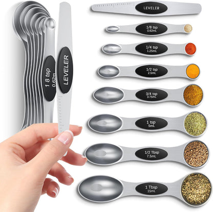 Magnetic Measuring Cups & Spoons Set|304 Stainless Steel Dual Scale Set of 15, Strong N52 Magnetic Nesting Design with Leveler, for Dry&Liquid Ingredients, Dishwasher Safe(Black)