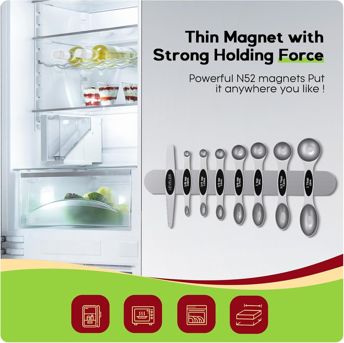 Magnetic Measuring Cups & Spoons Set|304 Stainless Steel Dual Scale Set of 15, Strong N52 Magnetic Nesting Design with Leveler, for Dry&Liquid Ingredients, Dishwasher Safe(Black)