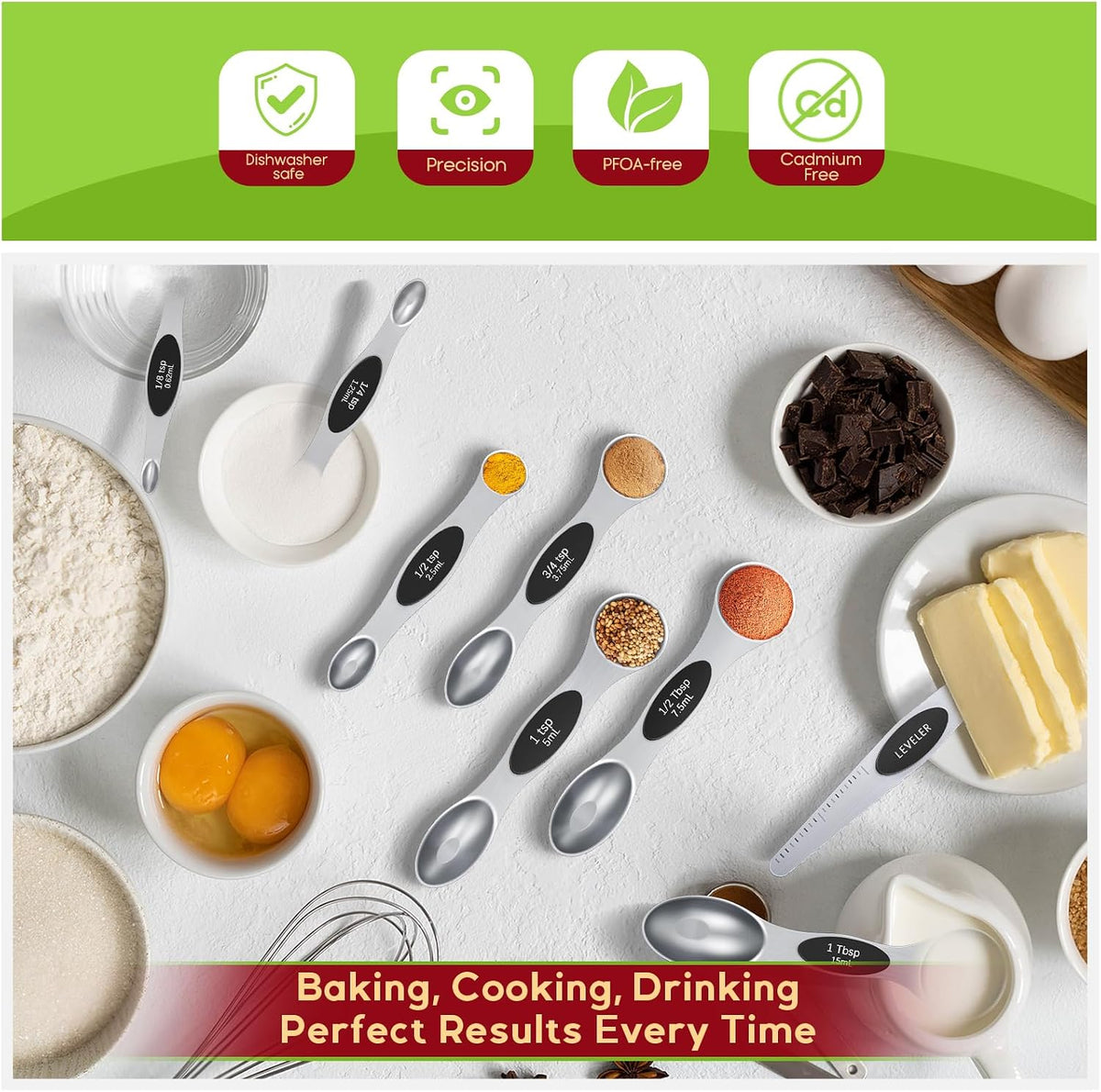 Magnetic Measuring Cups & Spoons Set|304 Stainless Steel Dual Scale Set of 15, Strong N52 Magnetic Nesting Design with Leveler, for Dry&Liquid Ingredients, Dishwasher Safe(Black)
