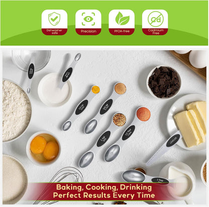 Magnetic Measuring Cups & Spoons Set|304 Stainless Steel Dual Scale Set of 15, Strong N52 Magnetic Nesting Design with Leveler, for Dry&Liquid Ingredients, Dishwasher Safe(Black)