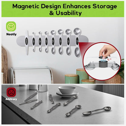 Magnetic Measuring Cups & Spoons Set|304 Stainless Steel Dual Scale Set of 15, Strong N52 Magnetic Nesting Design with Leveler, for Dry&Liquid Ingredients, Dishwasher Safe(Black)