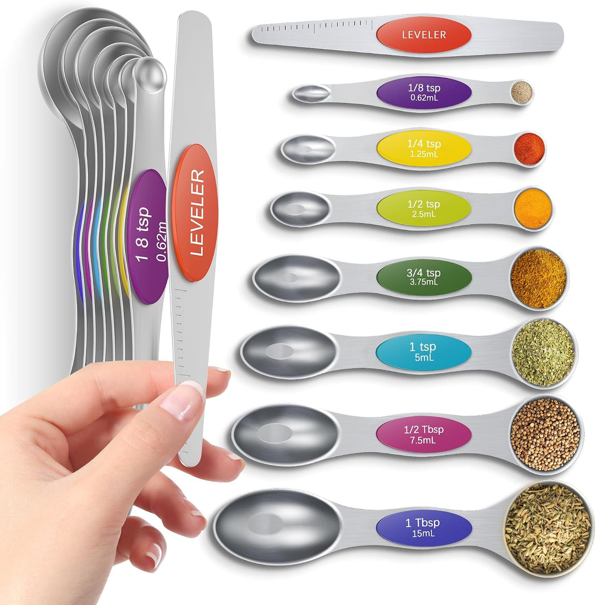 Magnetic Measuring Cups & Spoons Set|304 Stainless Steel Dual Scale Set of 15, Strong N52 Magnetic Nesting Design with Leveler, for Dry&Liquid Ingredients, Dishwasher Safe(Black)