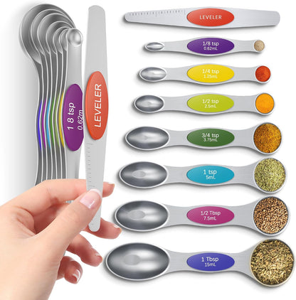 Magnetic Measuring Cups & Spoons Set|304 Stainless Steel Dual Scale Set of 15, Strong N52 Magnetic Nesting Design with Leveler, for Dry&Liquid Ingredients, Dishwasher Safe(Black)