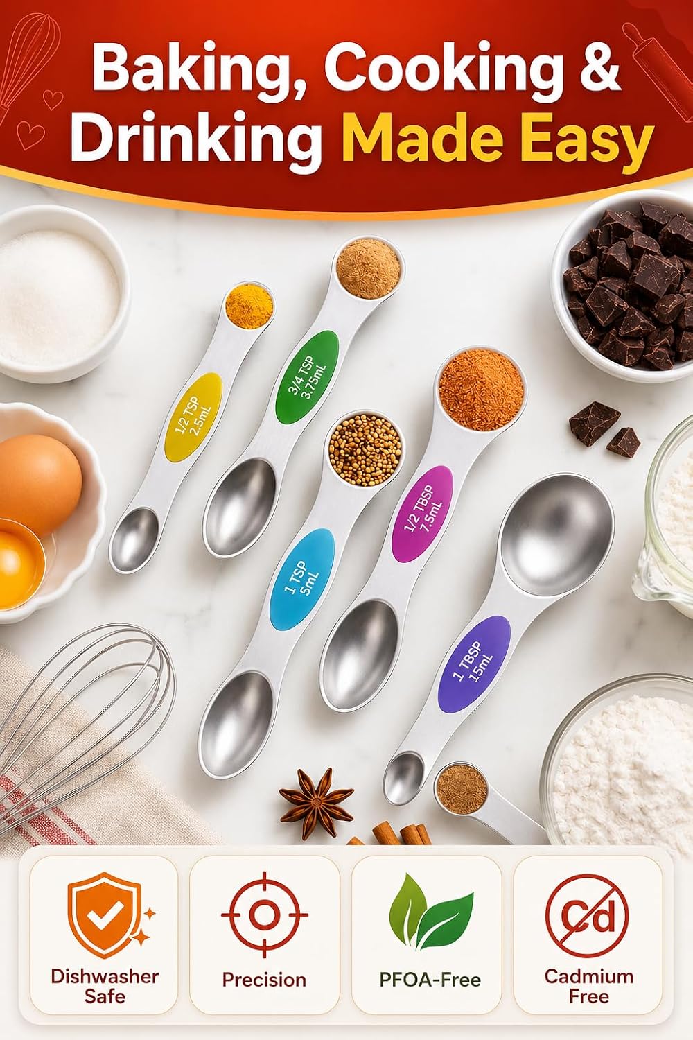 Magnetic Measuring Cups & Spoons Set|304 Stainless Steel Dual Scale Set of 15, Strong N52 Magnetic Nesting Design with Leveler, for Dry&Liquid Ingredients, Dishwasher Safe(Black)