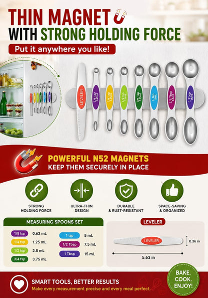 Magnetic Measuring Cups & Spoons Set|304 Stainless Steel Dual Scale Set of 15, Strong N52 Magnetic Nesting Design with Leveler, for Dry&Liquid Ingredients, Dishwasher Safe(Black)