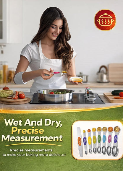Magnetic Measuring Cups & Spoons Set|304 Stainless Steel Dual Scale Set of 15, Strong N52 Magnetic Nesting Design with Leveler, for Dry&Liquid Ingredients, Dishwasher Safe(Black)