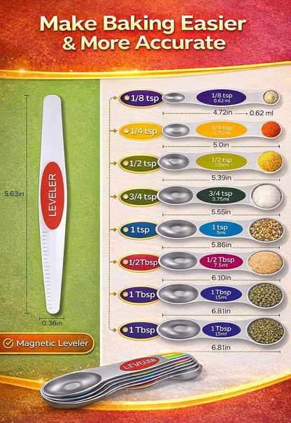 Magnetic Measuring Cups & Spoons Set|304 Stainless Steel Dual Scale Set of 15, Strong N52 Magnetic Nesting Design with Leveler, for Dry&Liquid Ingredients, Dishwasher Safe(Black)