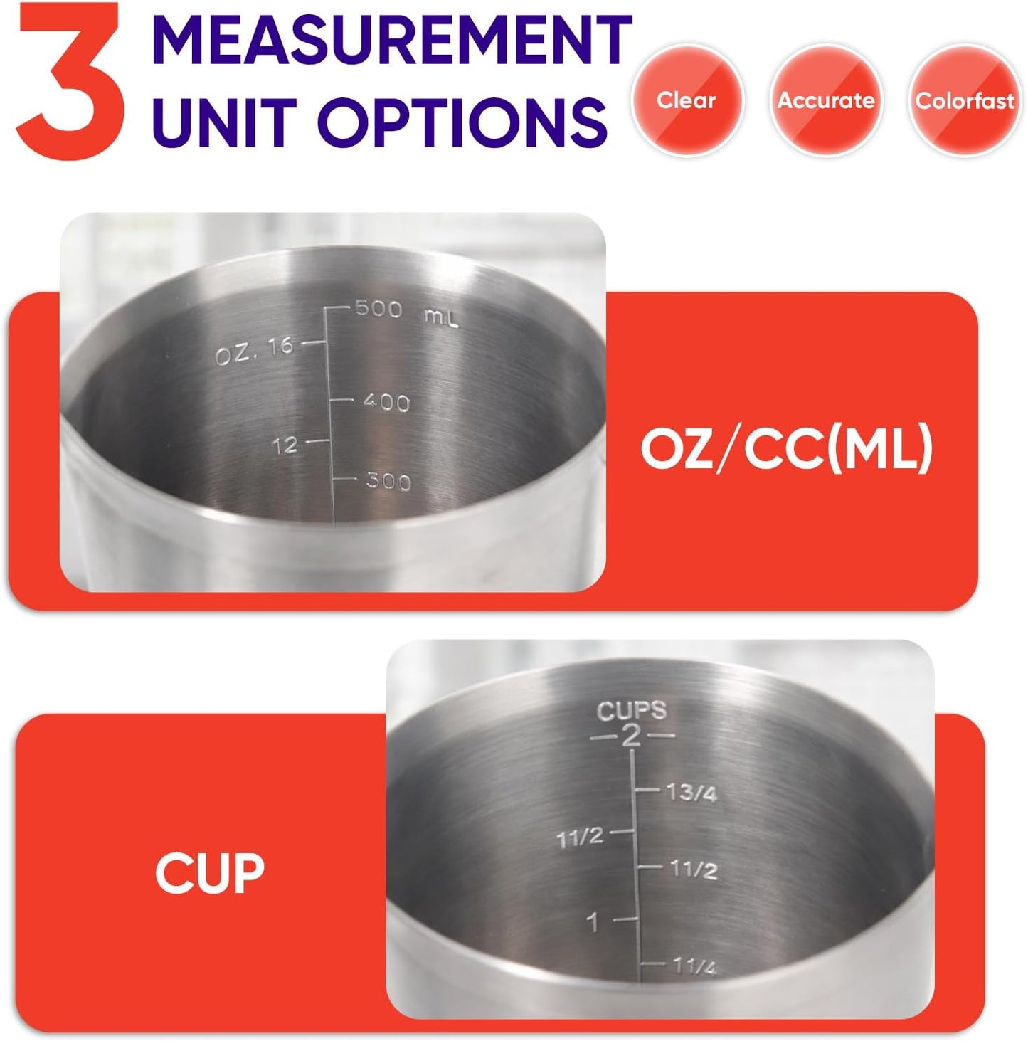 Stainless Steel Measuring Cup, Metal Measuring Cup with Handle (Upgraded, 3 Marking Including Cup/ML/Ounce Scale), 16 Ounces (0.5 Liter, 2 Cup)