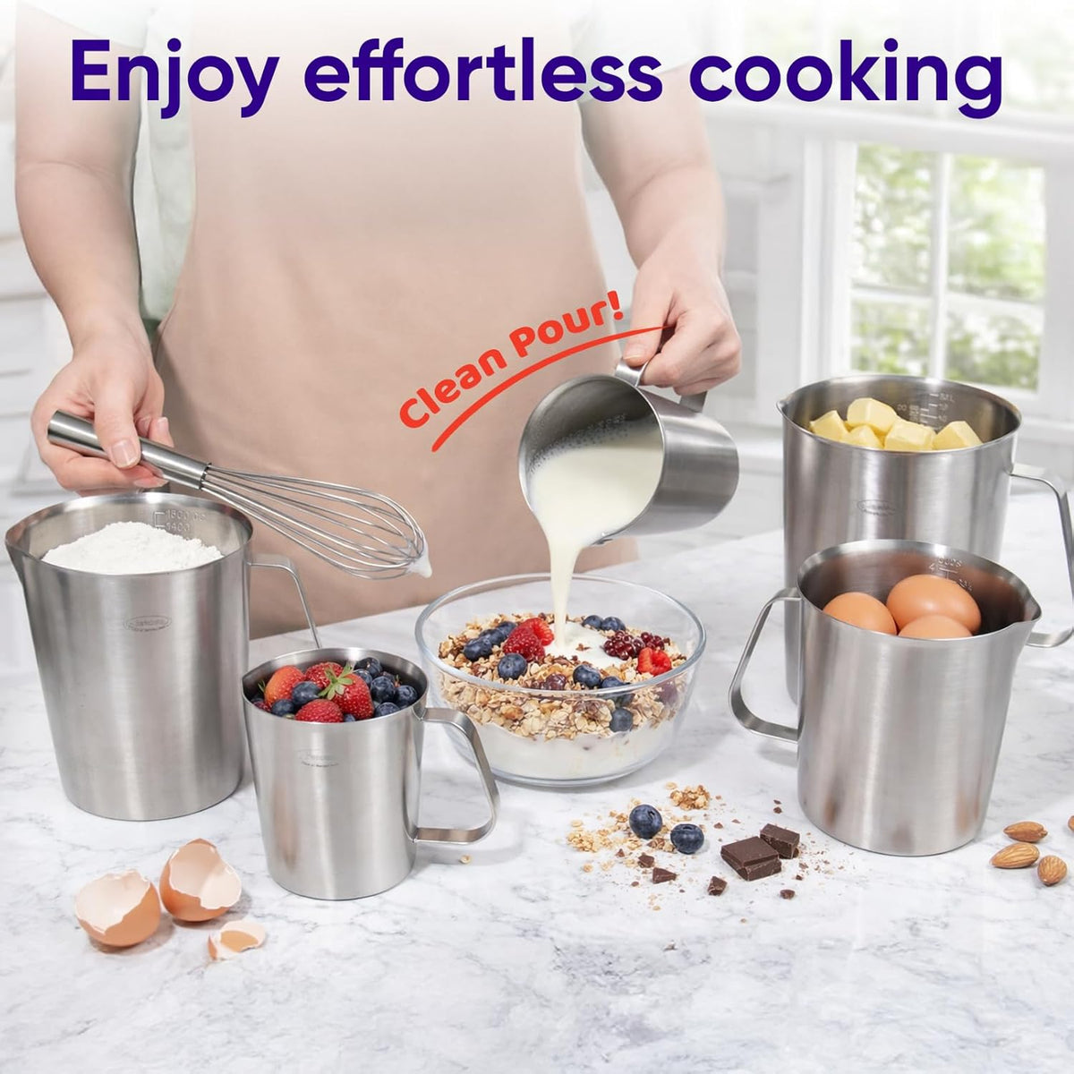 Stainless Steel Measuring Cup, Metal Measuring Cup with Handle (Upgraded, 3 Marking Including Cup/ML/Ounce Scale), 16 Ounces (0.5 Liter, 2 Cup)