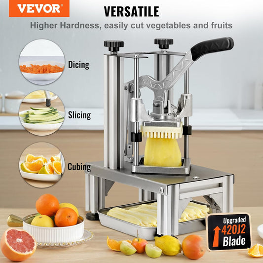 Commercial French Fry Cutter with 4 Replacement Blades, 1/4" and 3/8" Blade Easy Dicer Chopper, 6-wedge Slicer and 6-wedge Apple Corer, Lemon Potato Cutter for French Fries with Extended Handle