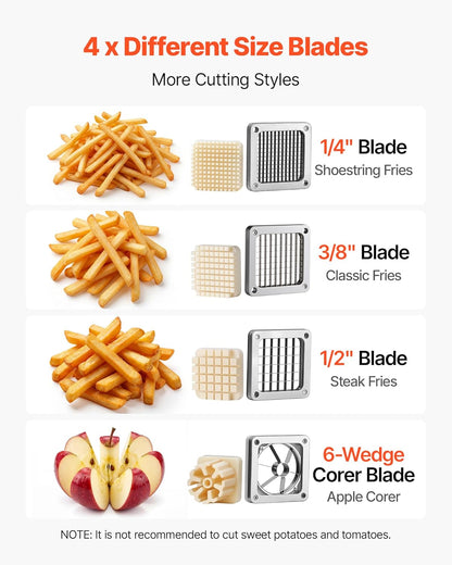 Commercial French Fry Cutter with 4 Replacement Blades, 1/4" and 3/8" Blade Easy Dicer Chopper, 6-wedge Slicer and 6-wedge Apple Corer, Lemon Potato Cutter for French Fries with Extended Handle