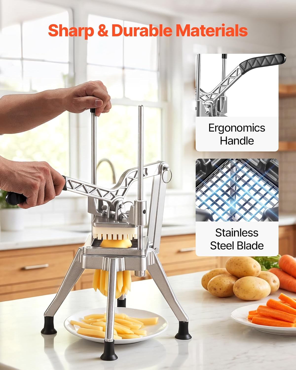 Commercial French Fry Cutter with 4 Replacement Blades, 1/4" and 3/8" Blade Easy Dicer Chopper, 6-wedge Slicer and 6-wedge Apple Corer, Lemon Potato Cutter for French Fries with Extended Handle