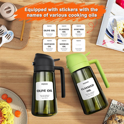 2 in 1 Glass Oil Sprayer & Dispenser,16oz/470ml Olive Cooking, Air Fryer, and Salad, for Kitchen Gadgets and Air Fryer Accessories, w/Stickers (Black)