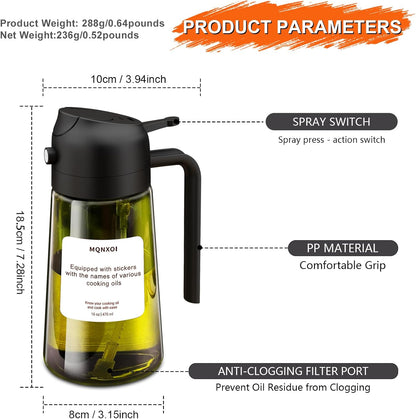 2 in 1 Glass Oil Sprayer & Dispenser,16oz/470ml Olive Cooking, Air Fryer, and Salad, for Kitchen Gadgets and Air Fryer Accessories, w/Stickers (Black)