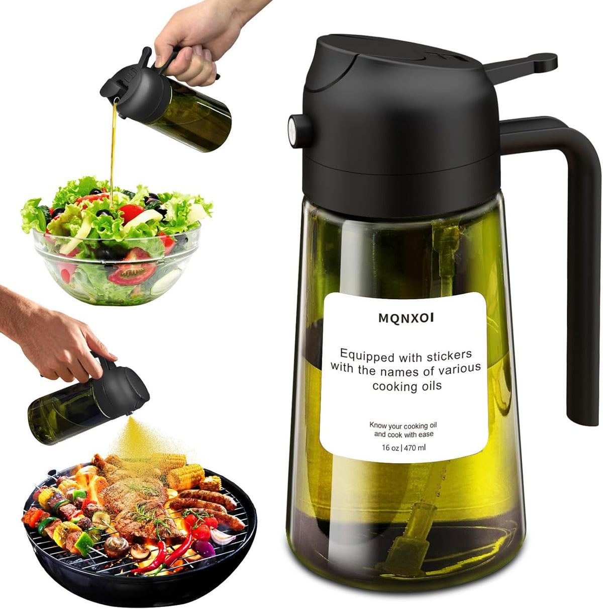 2 in 1 Glass Oil Sprayer & Dispenser,16oz/470ml Olive Cooking, Air Fryer, and Salad, for Kitchen Gadgets and Air Fryer Accessories, w/Stickers (Black)