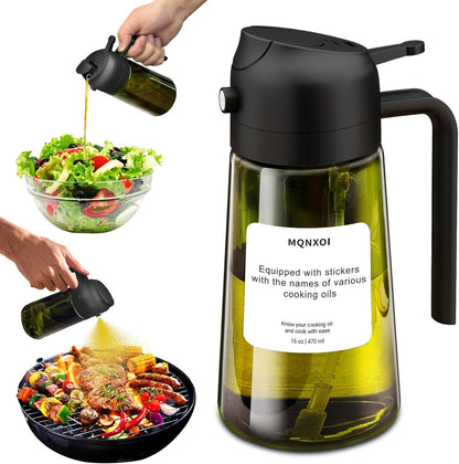 2 in 1 Glass Oil Sprayer & Dispenser,16oz/470ml Olive Cooking, Air Fryer, and Salad, for Kitchen Gadgets and Air Fryer Accessories, w/Stickers (Black)
