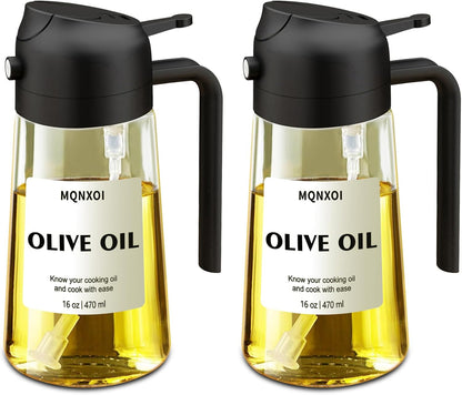 2 in 1 Glass Oil Sprayer & Dispenser,16oz/470ml Olive Cooking, Air Fryer, and Salad, for Kitchen Gadgets and Air Fryer Accessories, w/Stickers (Black)
