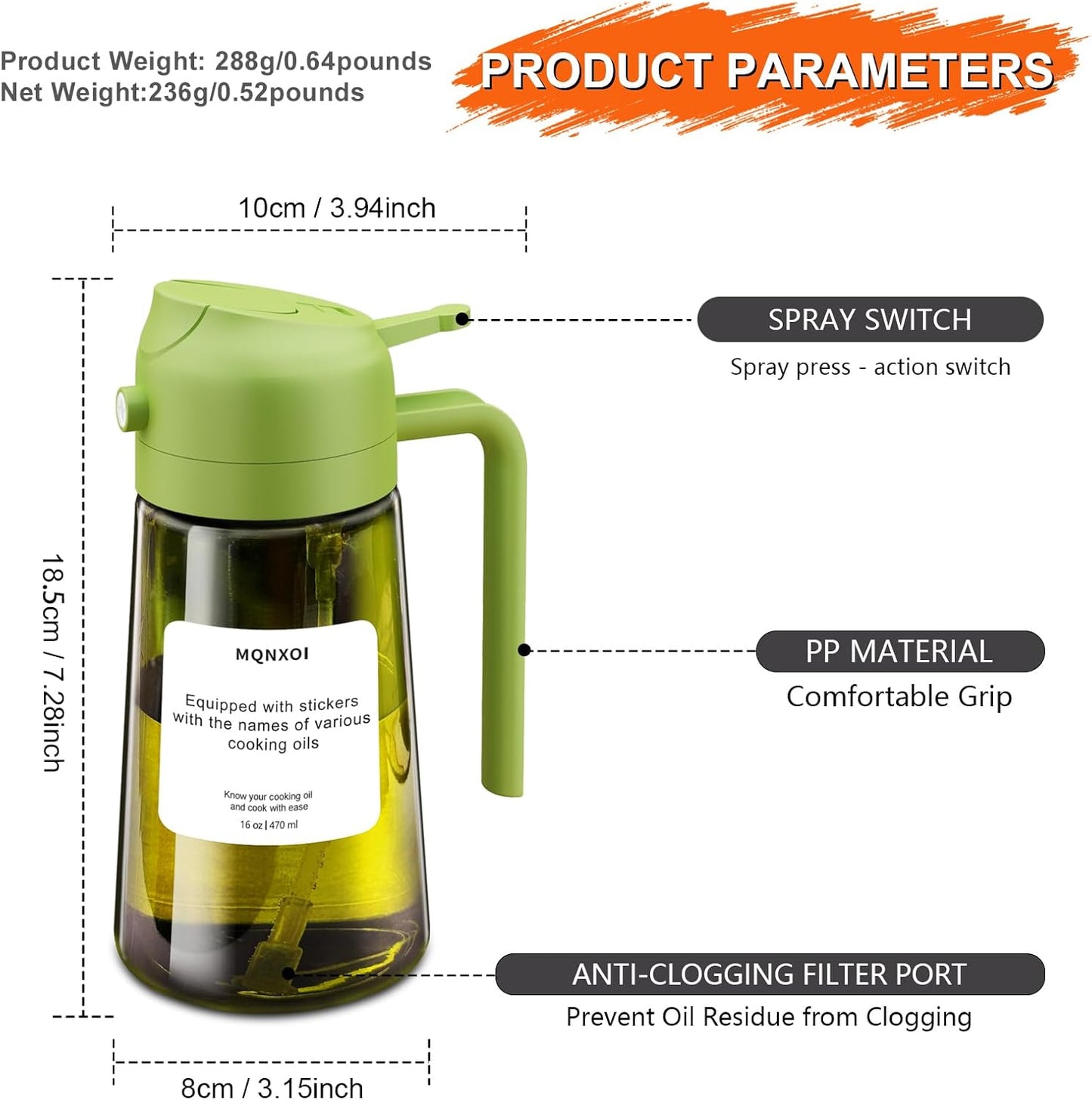2 in 1 Glass Oil Sprayer & Dispenser,16oz/470ml Olive Cooking, Air Fryer, and Salad, for Kitchen Gadgets and Air Fryer Accessories, w/Stickers (Black)