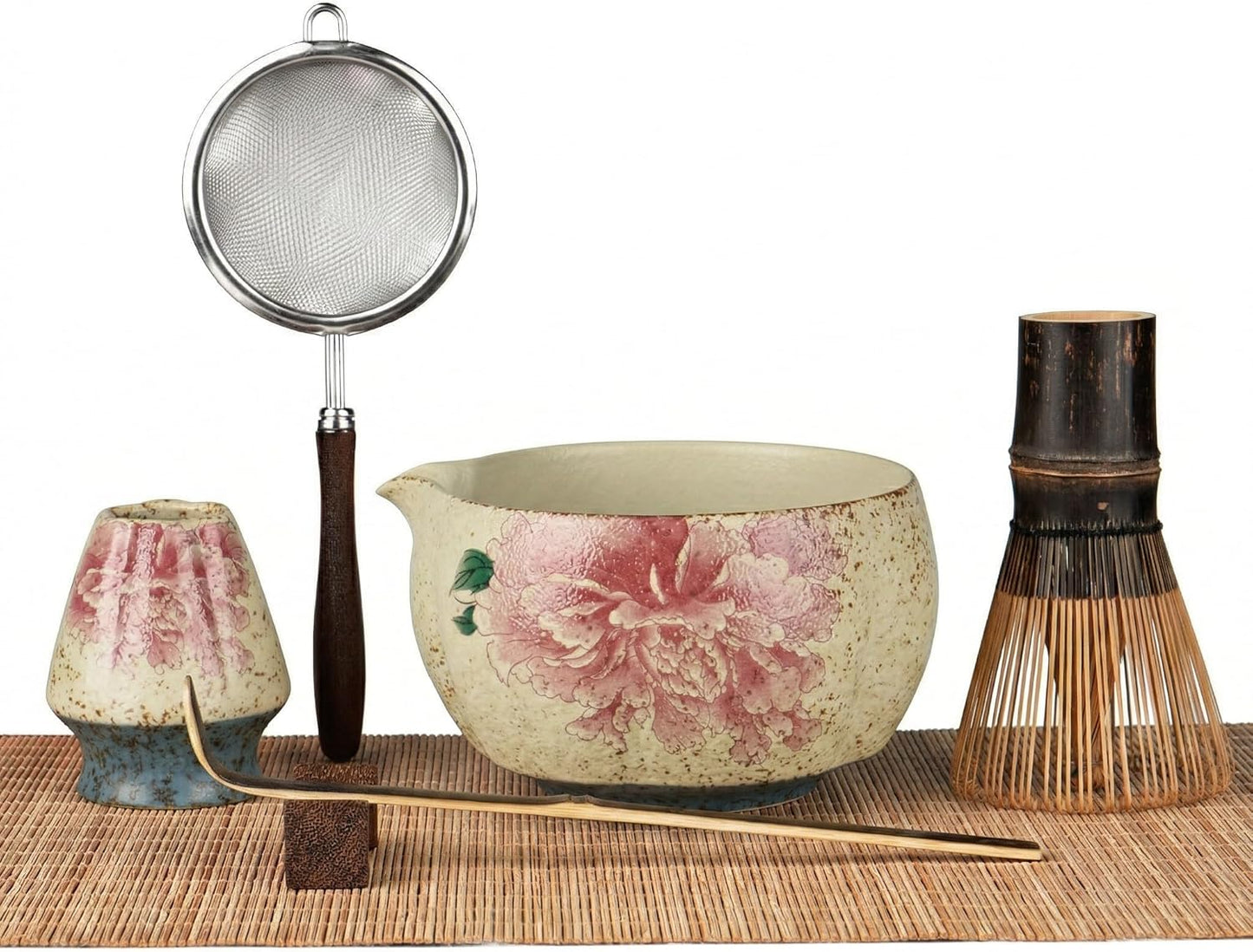 Matcha Whisk Set, 7-Piece Matcha Kit with Ceramic Bowl, Bamboo Whisk, Scoop, Sifter, Holder & Bamboo Mat – Premium Matcha Tea Set for Beginners & Matcha Lovers
