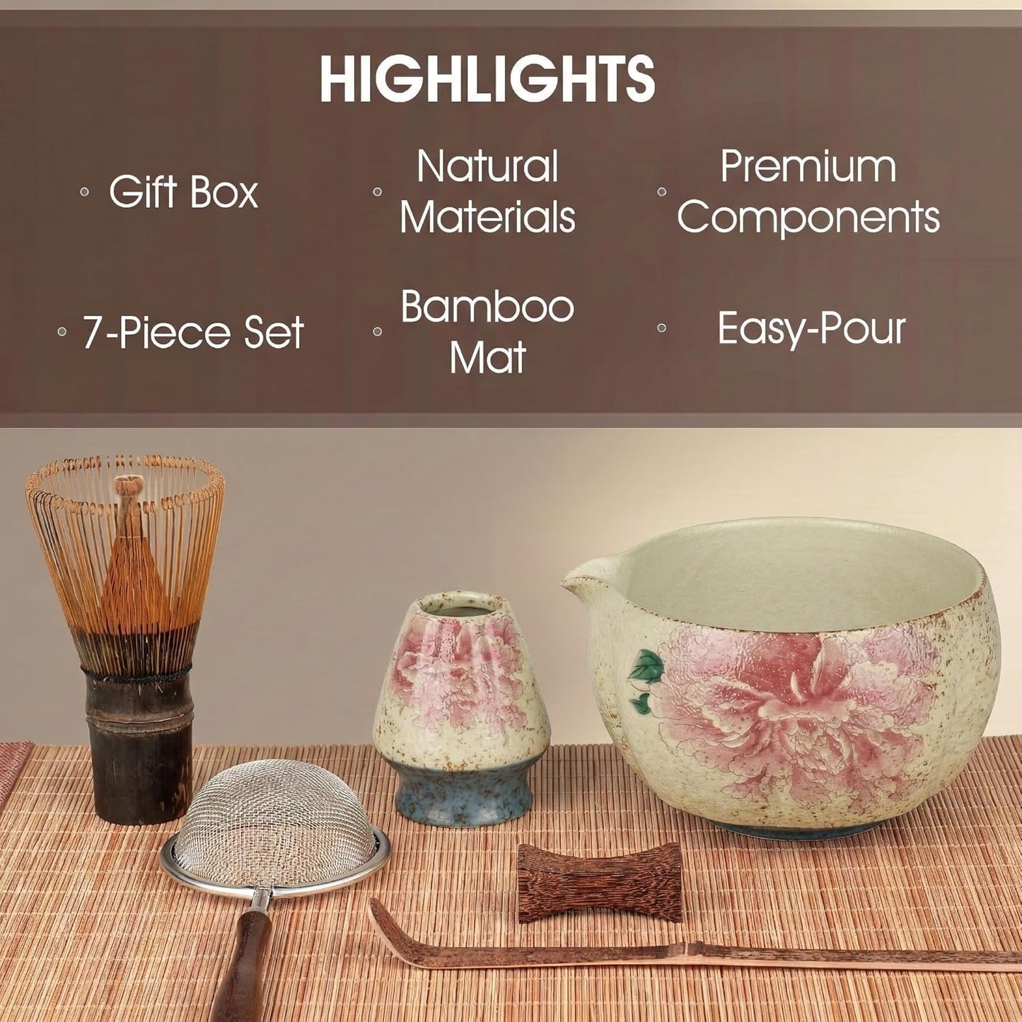 Matcha Whisk Set, 7-Piece Matcha Kit with Ceramic Bowl, Bamboo Whisk, Scoop, Sifter, Holder & Bamboo Mat – Premium Matcha Tea Set for Beginners & Matcha Lovers