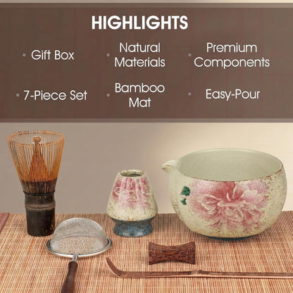Matcha Whisk Set, 7-Piece Matcha Kit with Ceramic Bowl, Bamboo Whisk, Scoop, Sifter, Holder & Bamboo Mat – Premium Matcha Tea Set for Beginners & Matcha Lovers