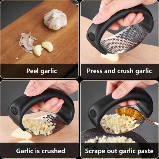 Stainless Steel Garlic Press Rocker – Portable Manual Crusher & Masher with Garlic Peeling Drum – Effortless Garlic Processing for Home Kitchen