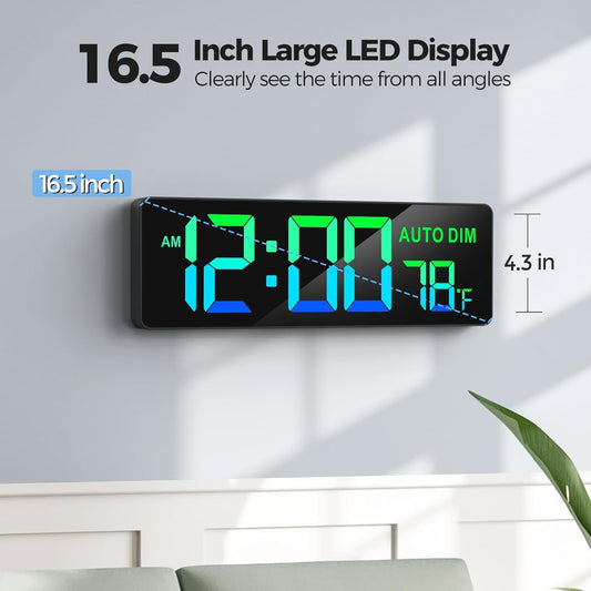 16.5" Large Digital Wall Timer Clock with Countdown for Classroom | Auto dimmer, temperature, Remote Control, Colorful LED wall clock for teacher, school, home decor, kitchen, gym, living room