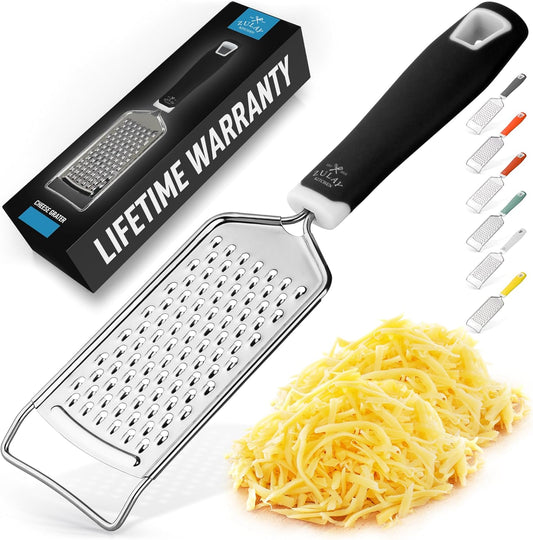 Professional Cheese Grater Stainless Steel - Durable Rust-Proof Metal Lemon Zester Grater With Handle - Flat Handheld Grater For Cheese, Chocolate, Spices, And More - Black